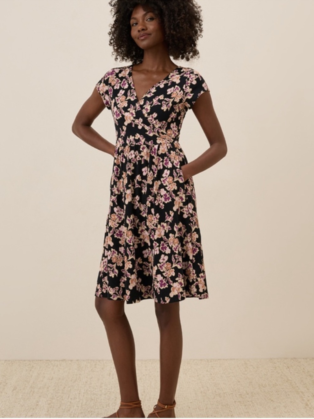 New Pact Organic Fit & Flare Crossover Dress Scattered Posies Black Small